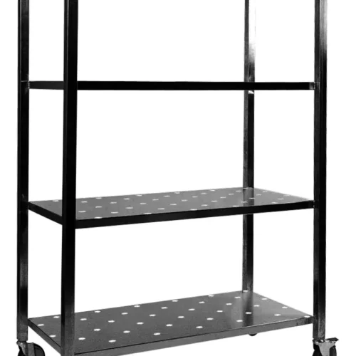 CHARIOT DE REMBALLE 4 NIVEAUX PERFORES STRUCTURE TUBE 25X25 4 ROULETTES D.125MM DONT 2 AF