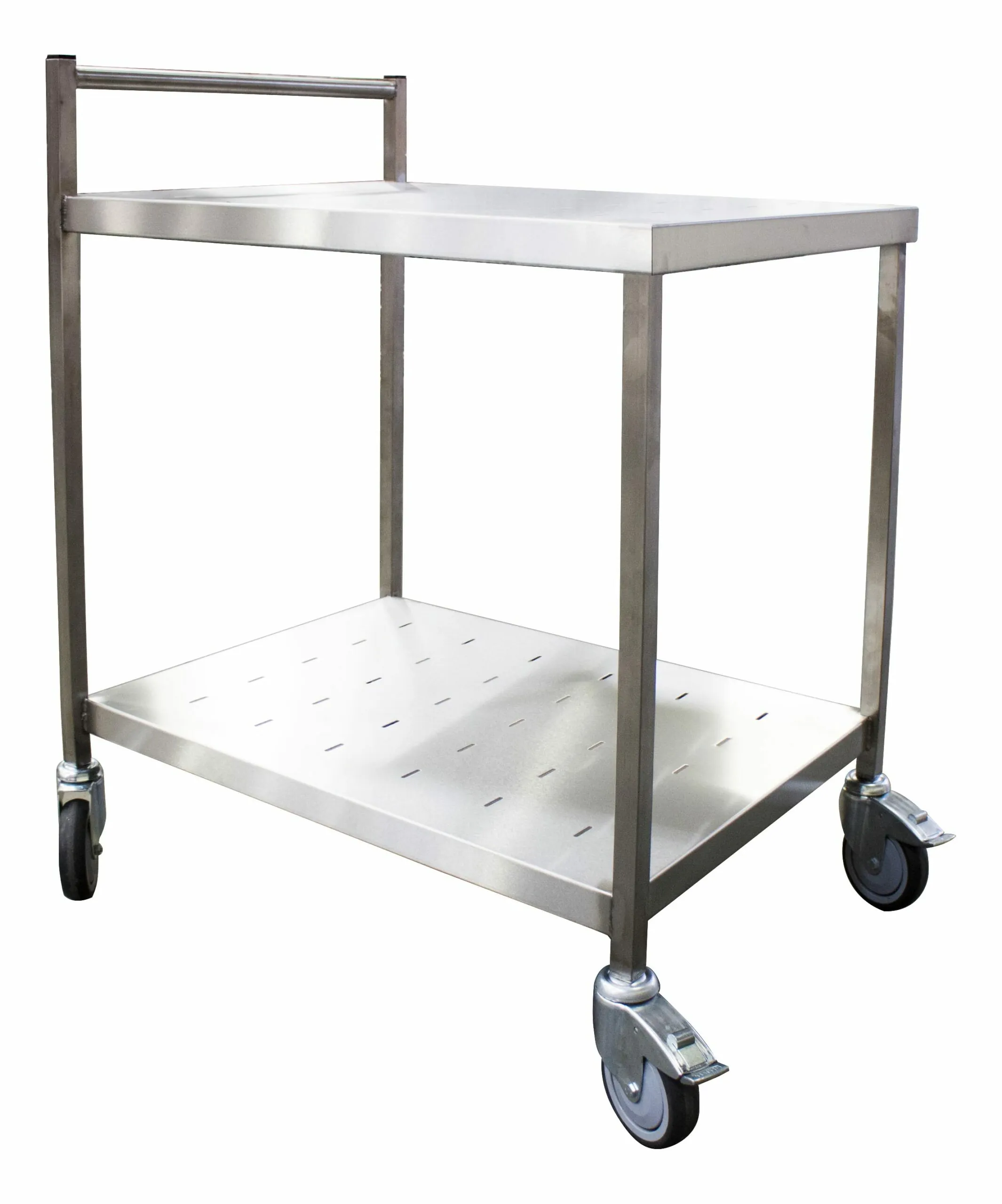 TABLE DE SERVICE ROULANTE INOX 304,2 NIV. PLATEAUX PERFORES AVEC BARRE DE POUSSEE, STRUCTURE 1 TABLE DE SERVICE ROULANTE INOX 304,2 NIV. PLATEAUX PERFORES AVEC BARRE DE POUSSEE, STRUCTURE
