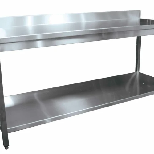 TABLE DEMONTABLE ADOSSEE AVEC ETAGERE, PIEDS CARRES, VERINS INOX