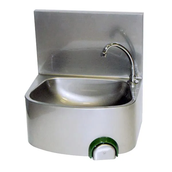 LAVE-MAINS INOX 304, DOSSERET MONOBLOC PLIE COMMANDE FEMORALE PAR BOUTON POUSSOIR 1 LAVE-MAINS INOX 304, DOSSERET MONOBLOC PLIE COMMANDE FEMORALE PAR BOUTON POUSSOIR
