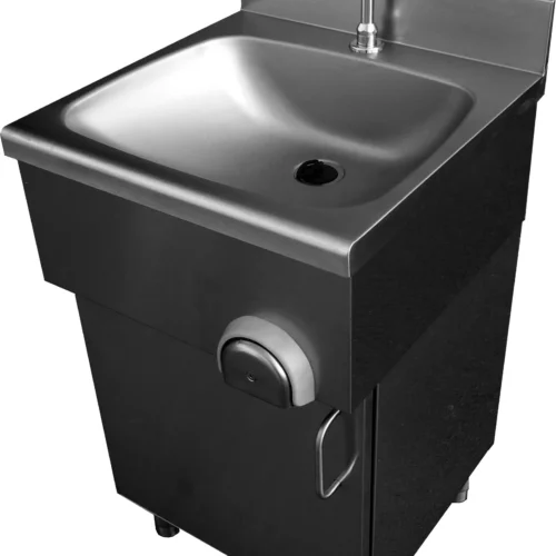 LAVE-MAINS INOX SUR PLACARD PORTE BATTANTE COMMANDE FEMORALE PAR BOUTON POUSSOIR