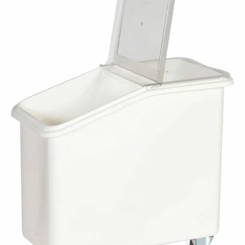 BAC SEL / FARINE, 102L, CONSTRUCTION POLYETHYLENE ALIMENTAIRE, ANGLE RAYONNES, 4 ROULETTES D.100MM