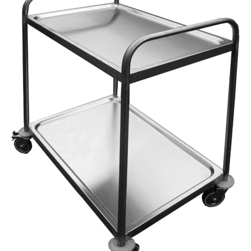 DESSERTE SOUDEE INOX 304, 2 PLATEAUX 4 ROUES PIVOTANTES DONT 2 A FREINS CHAPE POLY
