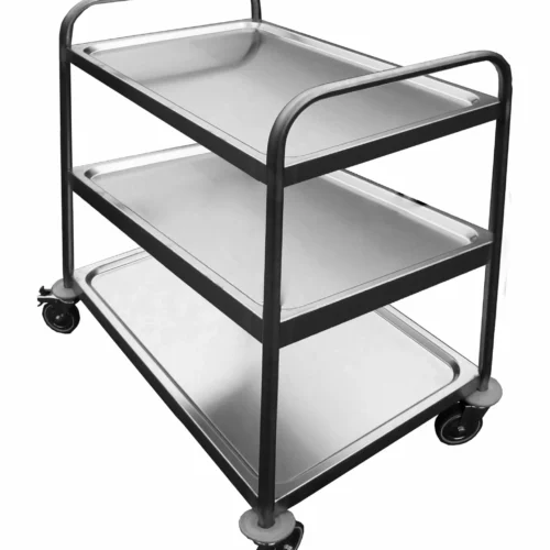 DESSSERTE SOUDEE INOX 304, 3 PLATEAUX 4 ROUES PIVOTANTES DONT 2 A FREINS CHAPE POLY