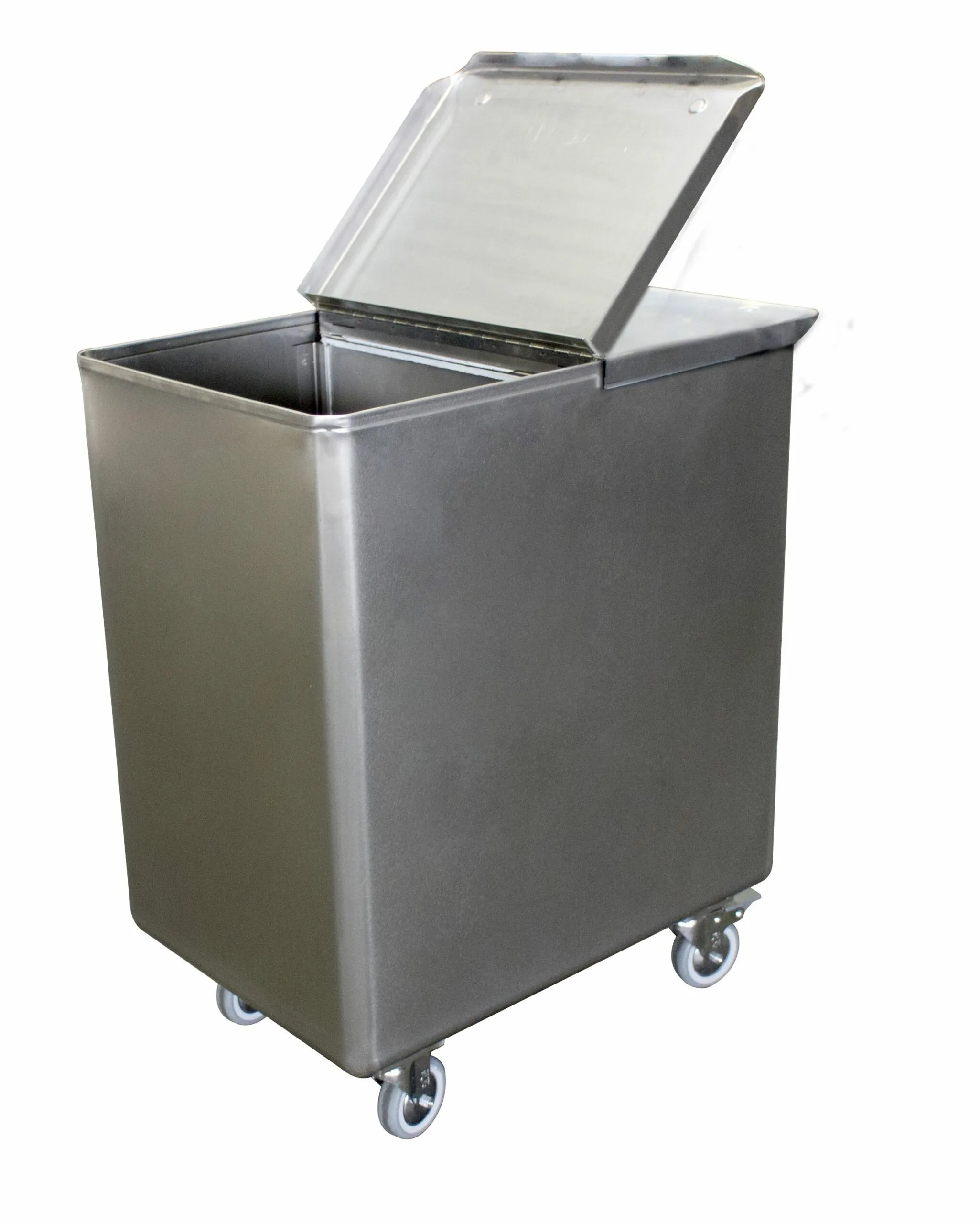 BAC SEL/FARINE INOX 304, 130L, AVEC COUVERCLE ET SEPARATION INOX AMOVIBLE, 4 ROUL. D.100 MM 1 BAC SEL/FARINE INOX 304, 130L, AVEC COUVERCLE ET SEPARATION INOX AMOVIBLE, 4 ROUL. D.100 MM